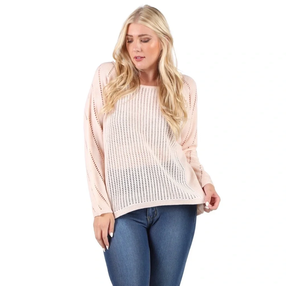 Blush Open Crochet Knit Slouchy Sweater Top - Picture 2 of 4